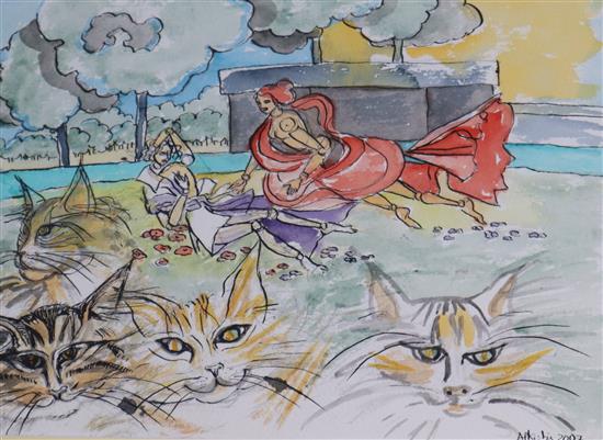 A.P. Kistis, ink and watercolour, Cats and figures in a landscape, signed and dated 2007, 22 x 30cm
